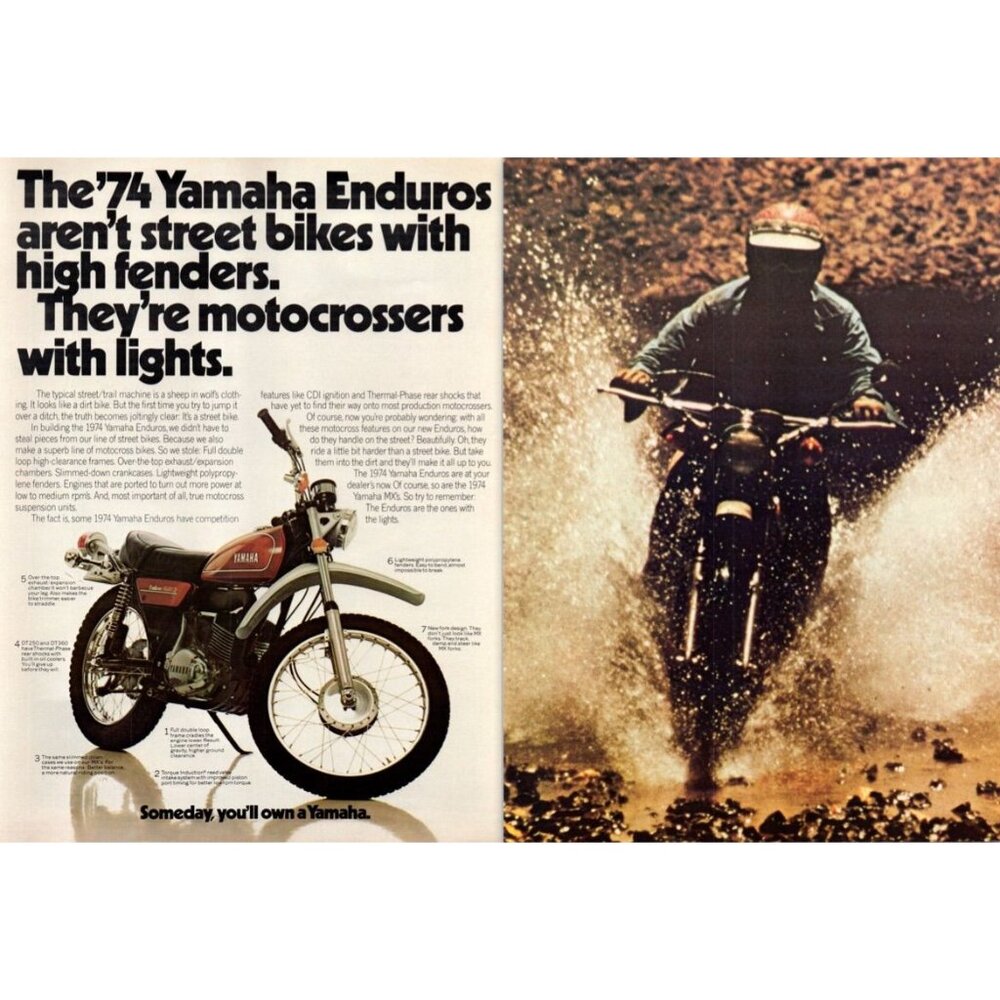 1974 Yamaha Enduro 250 Motorcycle 2 Page Vintage Print Ad Motocross 70s Wall Art
